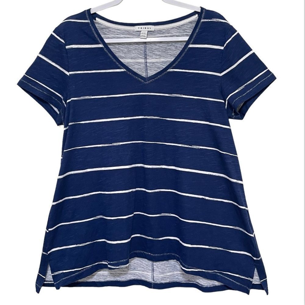 Tribal 100% Cotton Nautical V-Neck Tee Women M Preppy Navy Blue Casual Summer